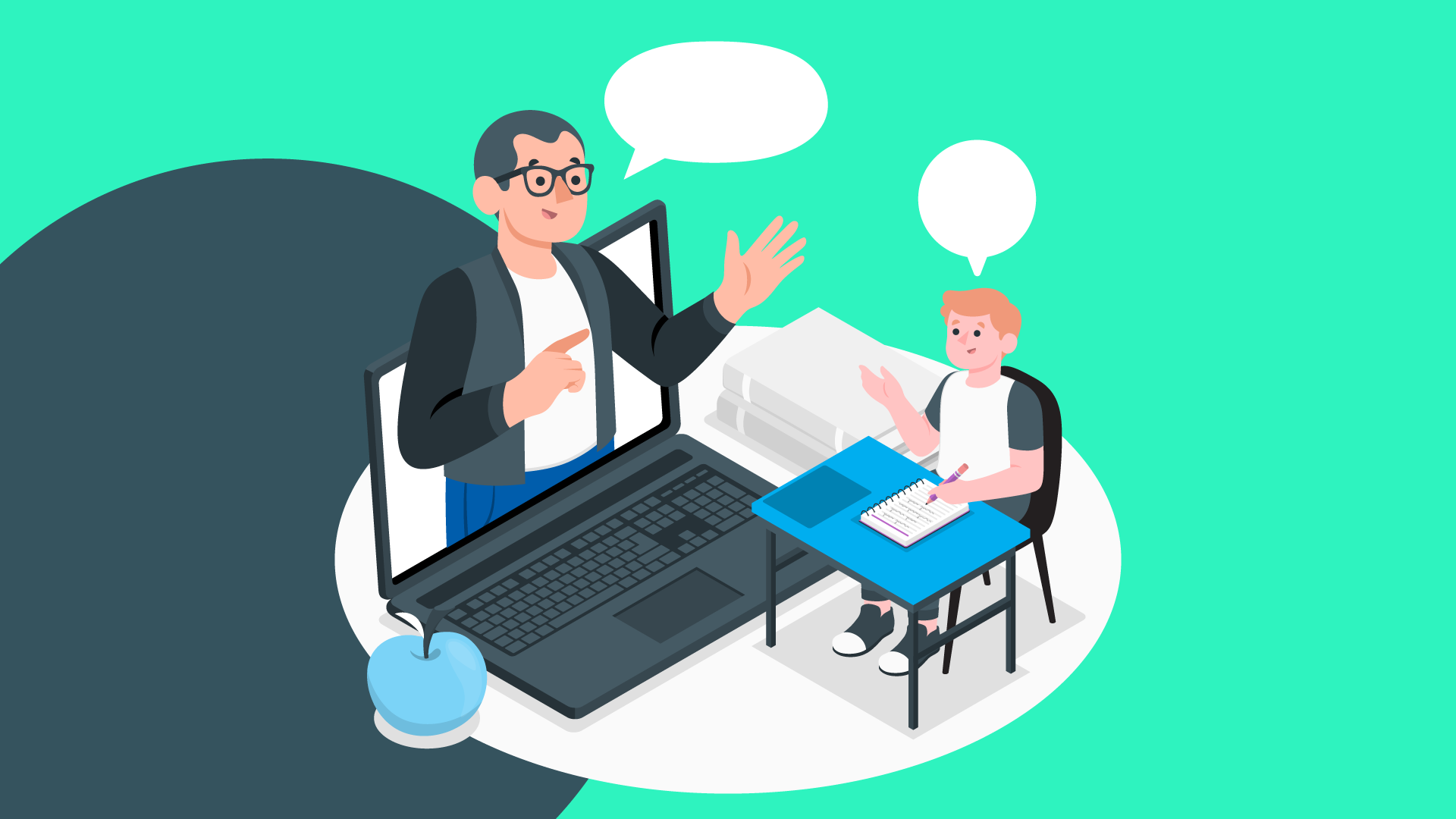 A tutor gives an online lesson to a young student